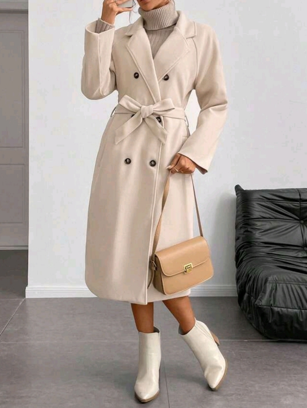 Women's Double-Breasted Belted Long Coat in Cream